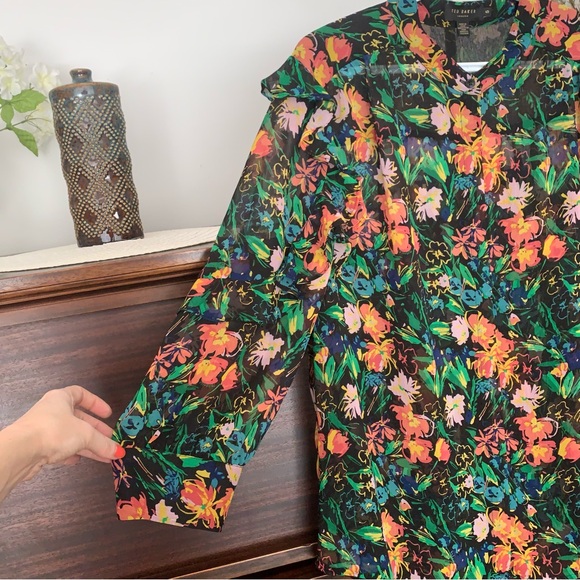 Ted Baker Carita Multi-Colour Floral Ruffle Sleeve Blouse, Size 12 - Picture 6 of 16